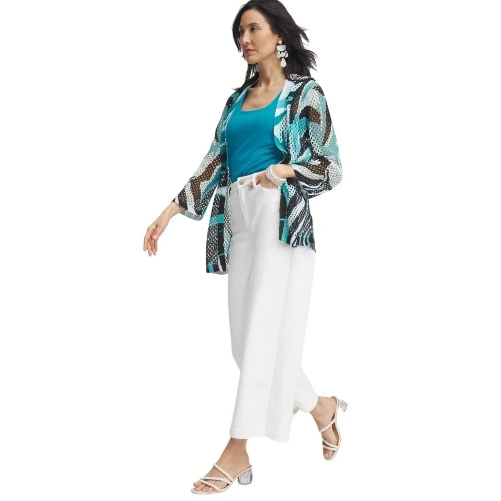 Chicos Palms‎ Mesh Cardigan Sweater Women's Large Teal Tropical Resortwear Boho - Picture 4 of 14